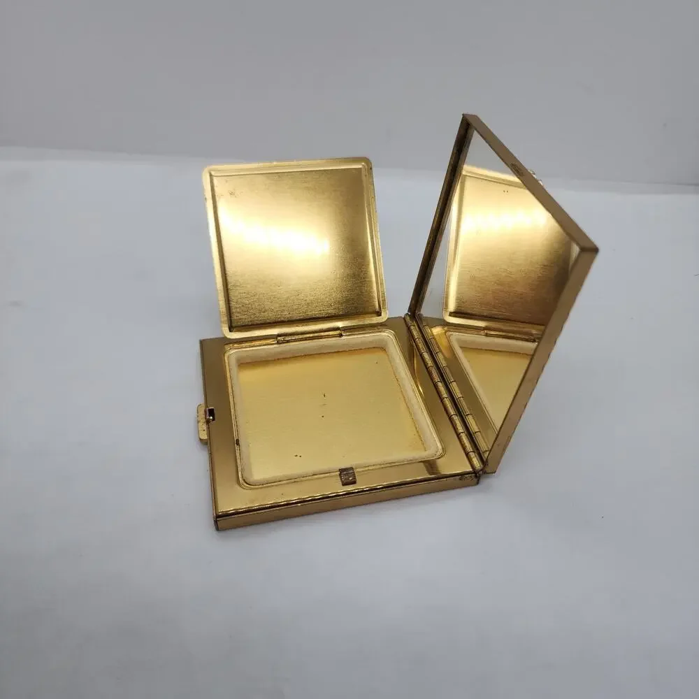 Vintage Volupte Powder Compact Gold Tone Floral Rhinestone Mirror Vanity USA